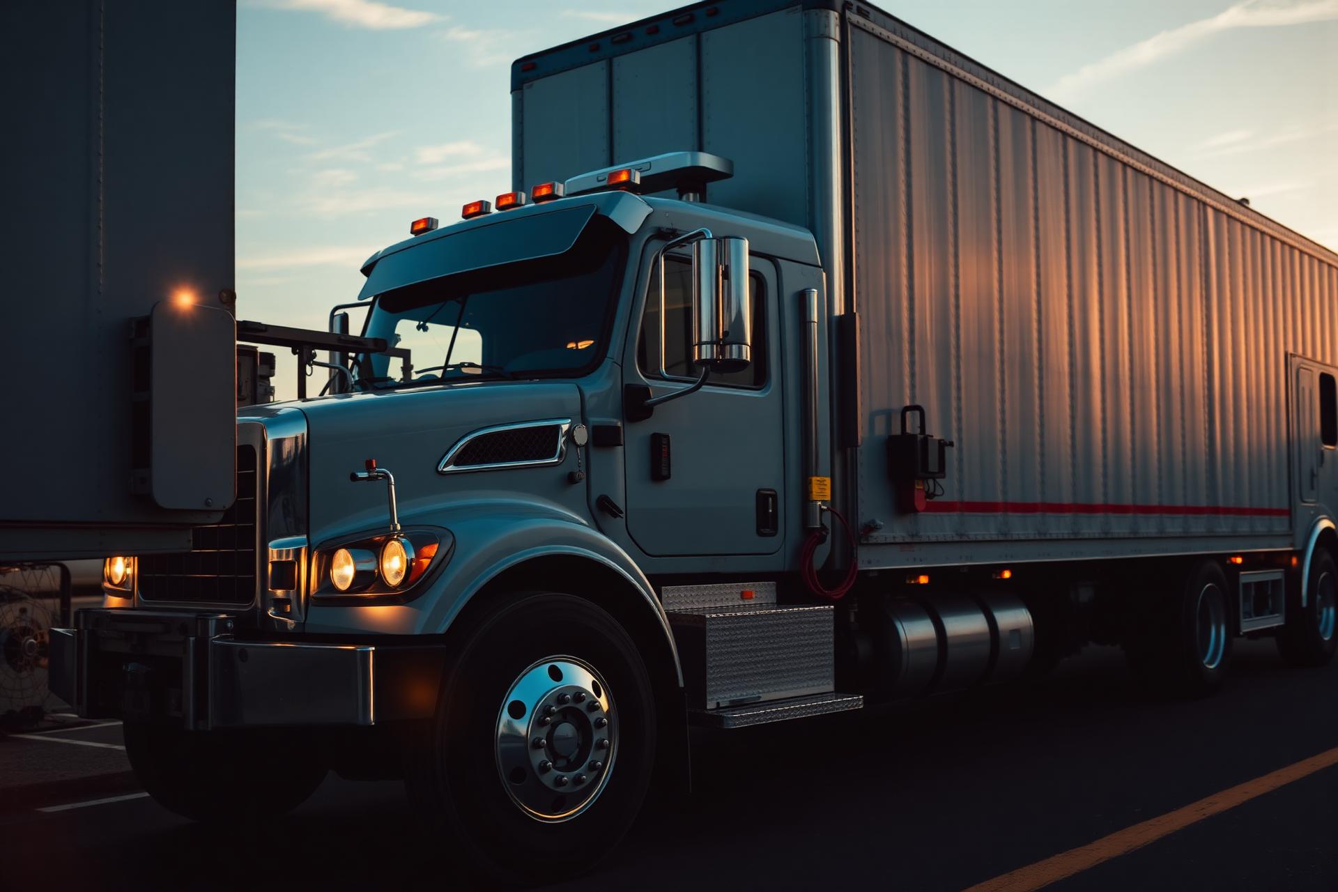 Commercial truck and trailer at dusk being serviced