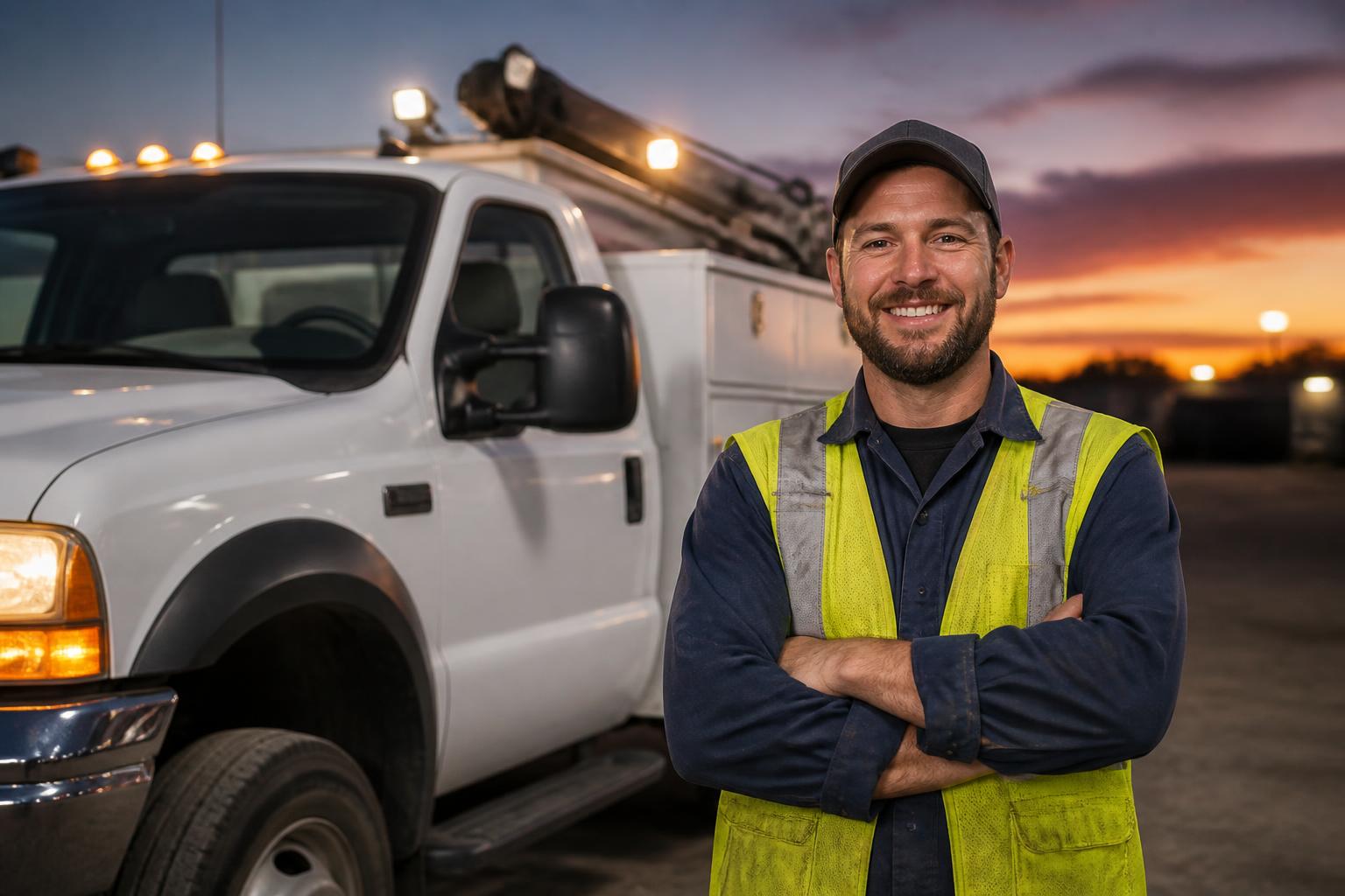 Mobile diesel technician standing beside a service truck at dusk